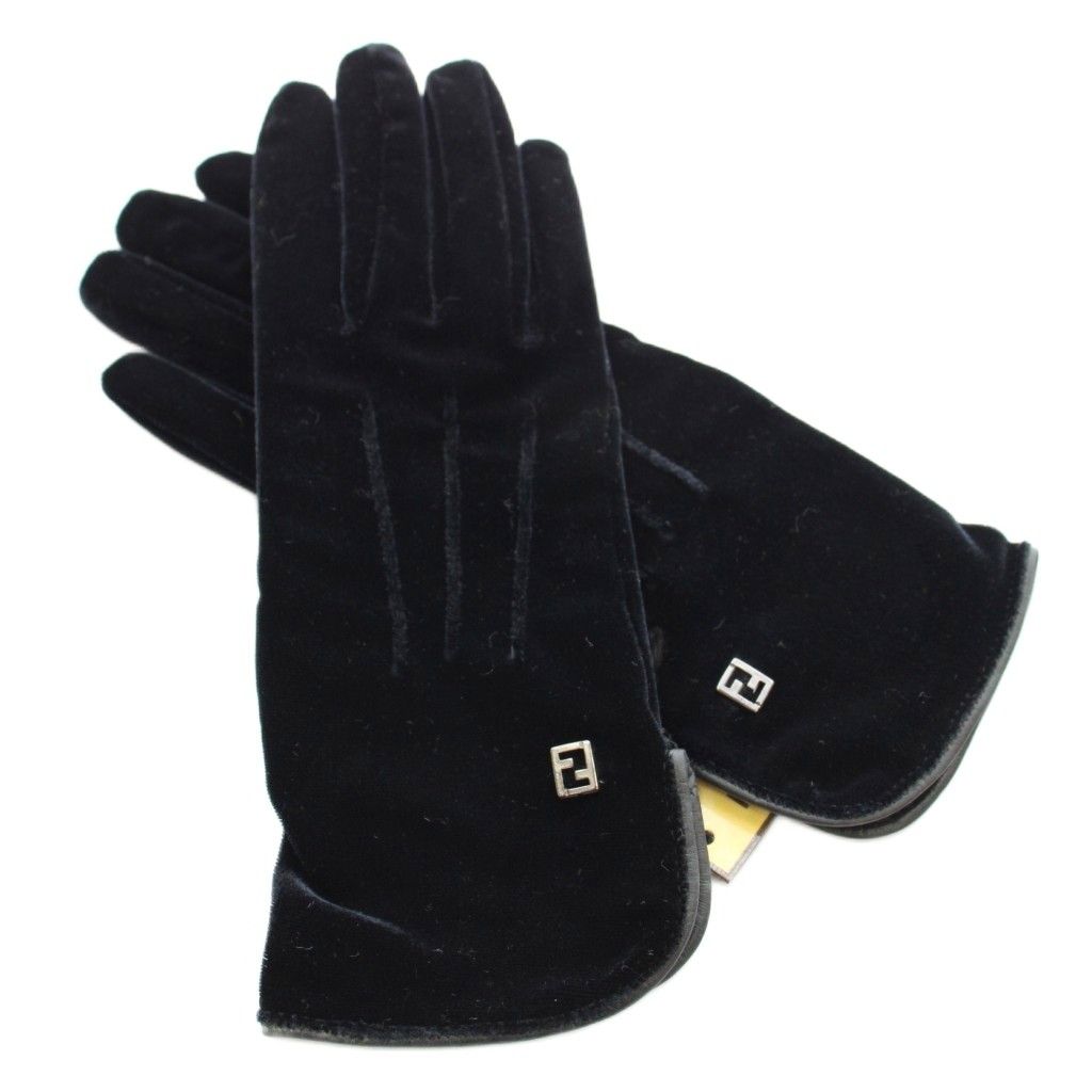 フェンディ FENDI 手袋 グローブ ベロア ロゴ 黒 ブラック KU OH
