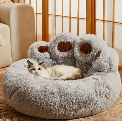 な猫用ラグジュアリーベッド 居心地の良いクマの足跡デザイン 快適なペットハウスソファ 猫と小型犬用 ナイロン素材 滑り止め底 ユニークな詰め物入りペットクッション - 1個パック