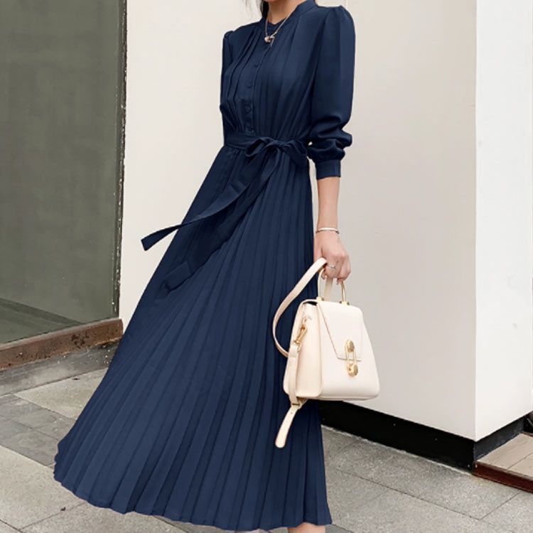 長袖 ワンピース プリーツ プリーツワンピース レディース 春 夏 秋 冬 ロング マキシ ロングワンピース マキシワンピース シャーリング 裏地付き きれいめ ウエストリボン付き jzxd1302