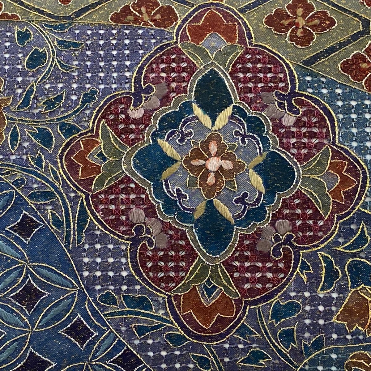 袋帯 華文 七宝 刺繍 金銀糸 藍色 全通 正絹
