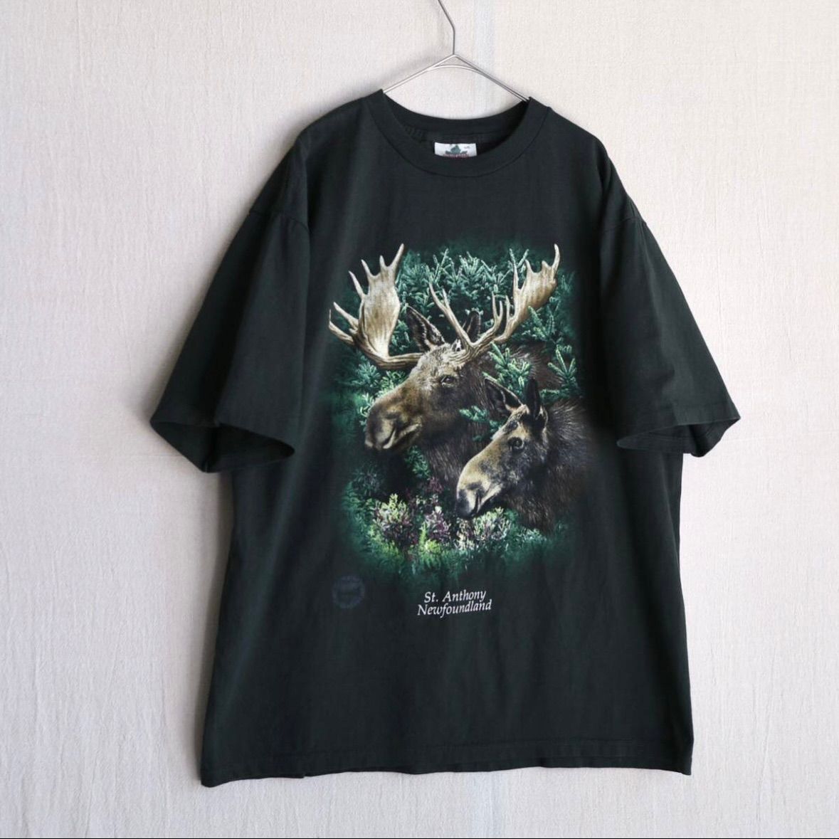 カナダ製 Vintage Tシャツ / L コットン オリーブ カーキ プリント イラスト 動物 ヘラジカ 半袖 ビンテージ T4-06036-9429