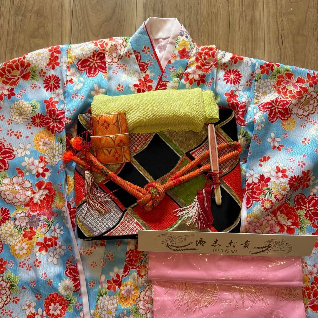 超美品　七五三　7歳　フルセット　女の子　子供　化繊　着物　襦袢　帯　水色　赤 七五三 着物 7歳 フルセット 購入 20点セット 四つ身着物 帯 753