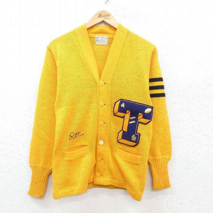 XS/古着 長袖 ビンテージ レタード ニット カーディガン メンズ 70s T ウール 黄他 イエロー spe 24oct24 中古 トップス
