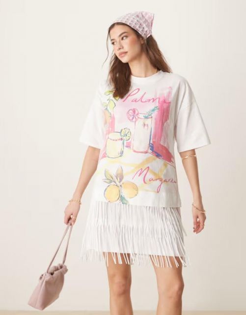 【送料無料】 エイソス レディース ワンピース トップス  DESIGN printed t-shirt mini dress with fringe detail WHITE