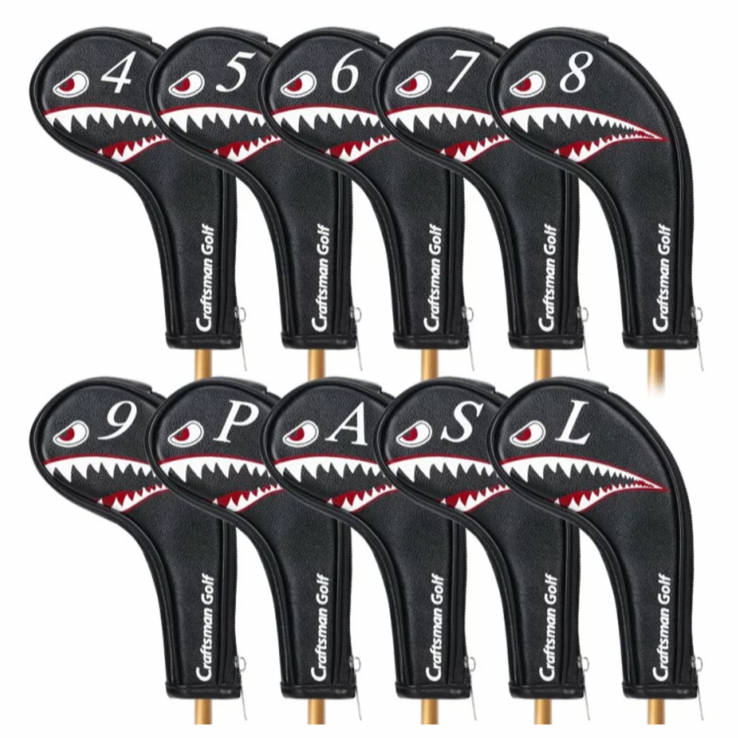 CRAFTSMAN(クラフトマン) ゴルフアイアンカバー ヘッドカバー セット 10枚入り 4?9、P、A、S、L 両面番号 左右手兼用 サメ柄  ロングネック ファスラー開閉式 合成レザー ブラック