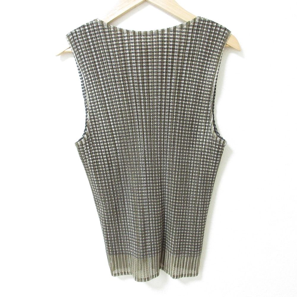 PLEATS PLEASE プリーツプリーズ イッセイミヤケ メッシュ ノースリーブ カットソー PP 14-JK 161 サイズ3 カーキ グリーン レディース 古着
