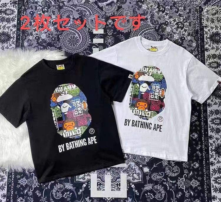 【人気デザイン】 a bathing ape tシャツ 猿 アベイシングエイプ bape T 半袖  男女兼用   黑+白 2枚