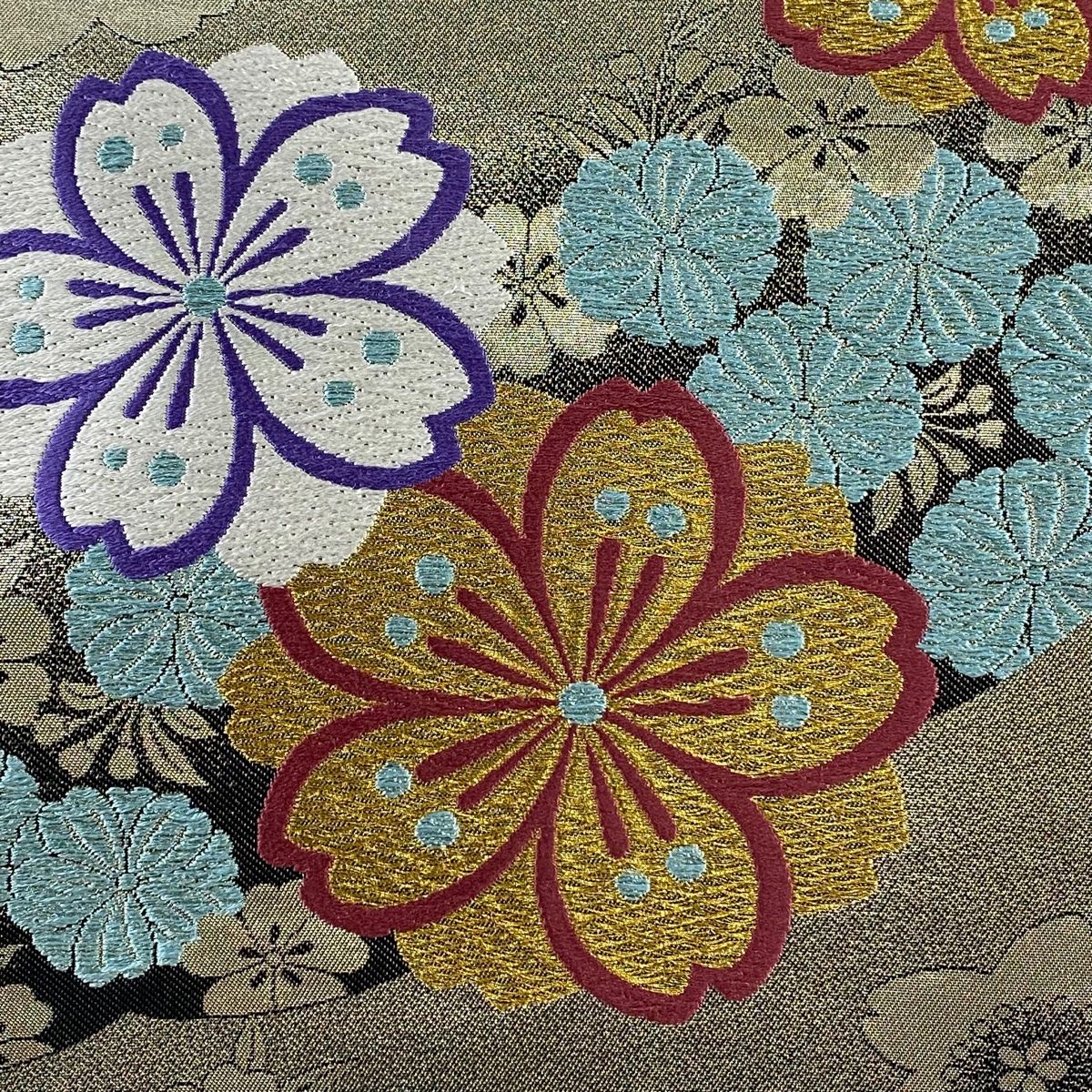 袋帯 秀品 振袖向き 桜 箔 刺繍 銀色 全通 正絹