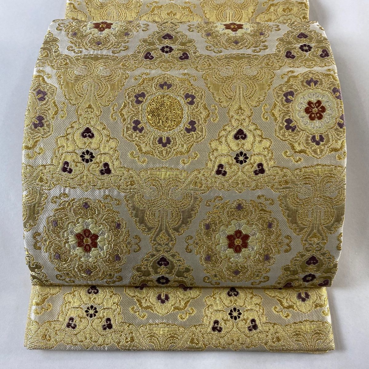 たぬき 希少 袋帯 美品 名品 落款 華文 金糸 箔 金色 お太鼓柄 正絹 【中古 着物・浴衣