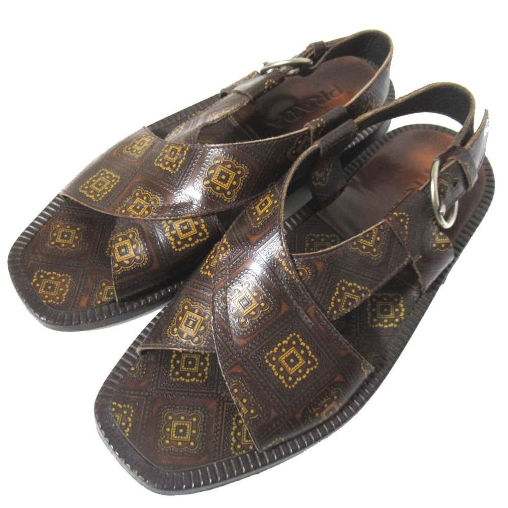 PRADA プラダ レザー スリングバック エキゾチック リゾート サンダル 6.5サイズ 約25.5cm ブラウン メンズ 古着