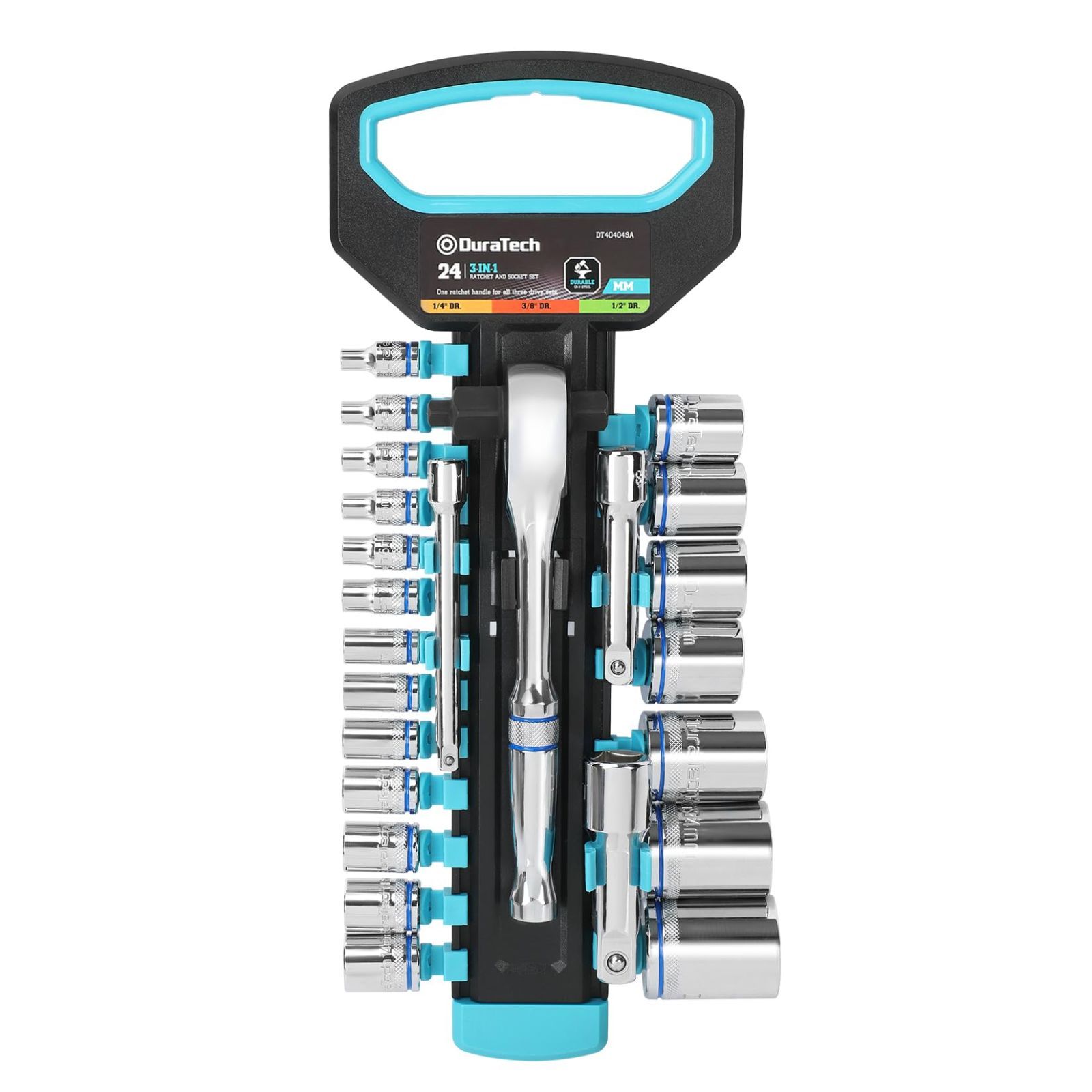 DURATECH ソケットレンチセット ラチェットレンチ 24点組 3in1 ラチェットハンドル 差込角6.35mm 差込角9.5mm 差込角12.7mm エクステンションバー3点 ソケット20点 メンテナンス用 自動車 車 バイク 車