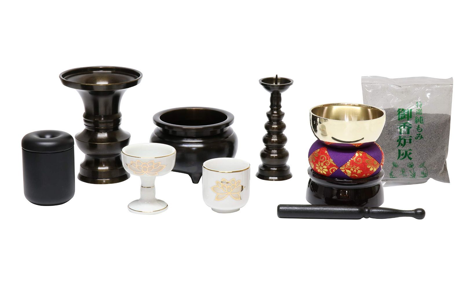 仏具8点セット 中サイズ おりん 香炉 ローソク立て 花立て 仏器 茶器 マッチ消し 香炉灰
