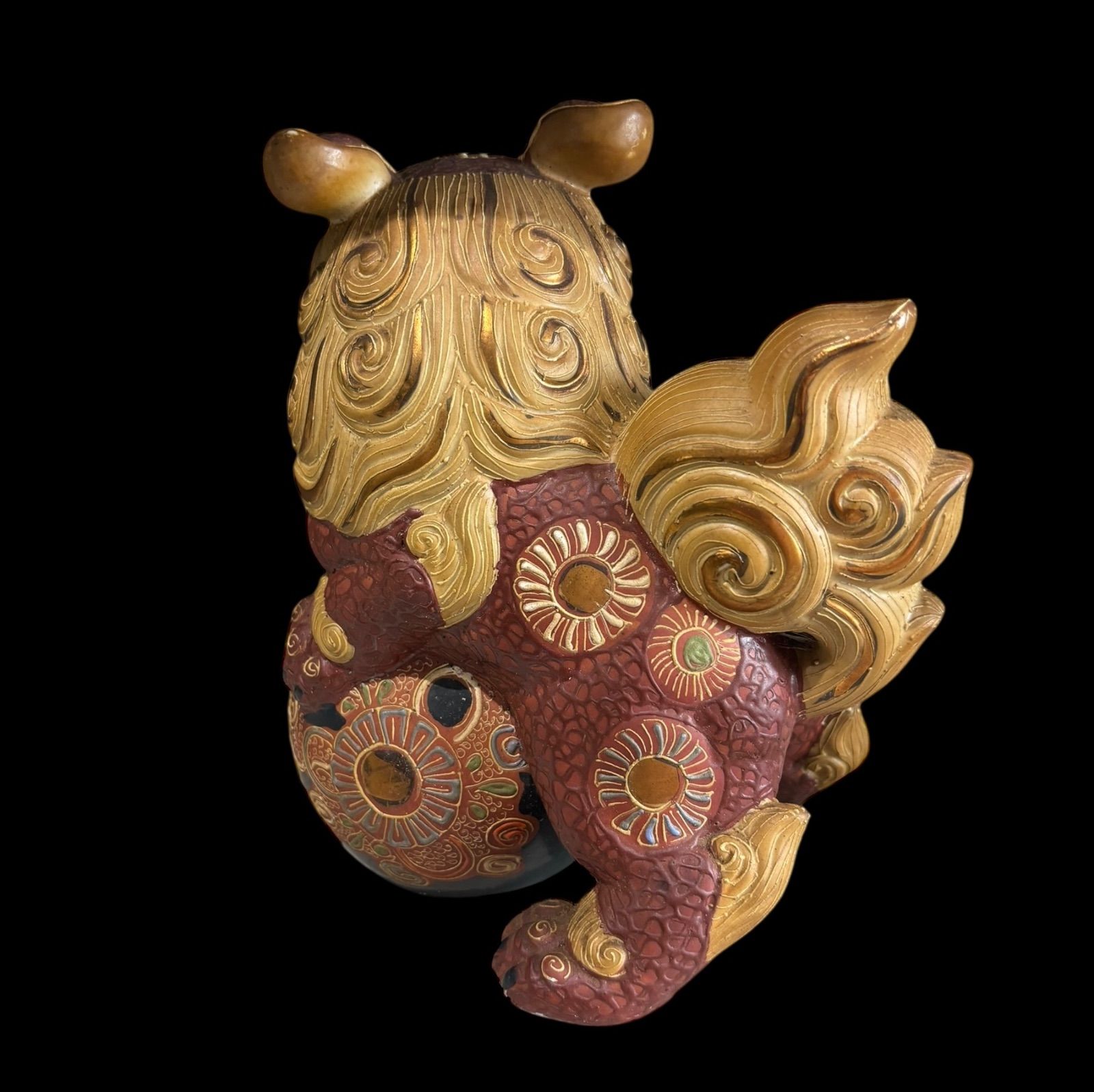 九谷焼 赤獅子 色絵 玉獅子 玉乗り獅子 唐獅子 置物 美術品