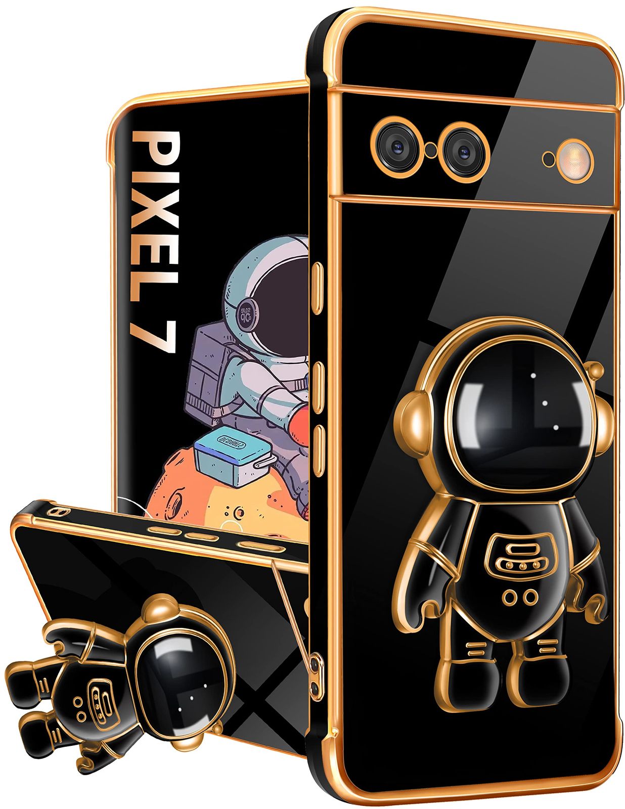 Lotadilo Google Pixel 7 ケース、Pixel 7 ケース 宇宙飛行士スタンド付き 女性用 女の子用 ガーリー キュート 宇宙飛行士 ラブ ハート 金メッキ 6D 電話ケース キックスタンド付き Pixel 7 6.3インチ用 ブラック