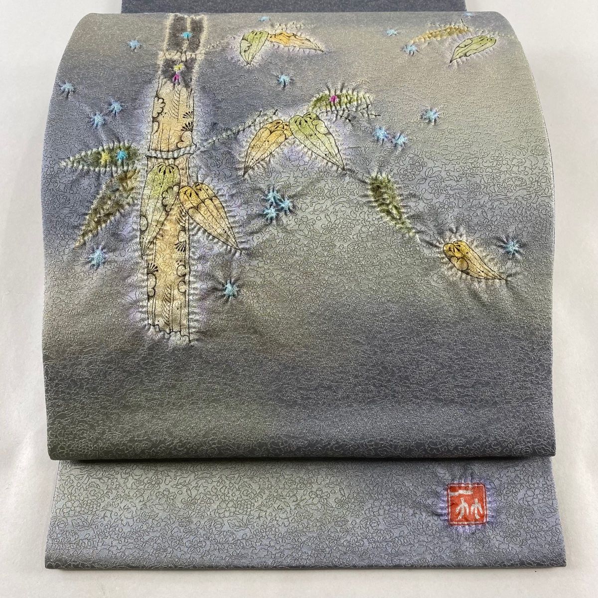 袋帯 みやす 逸品 華文 花唐草 金銀糸 青灰色 お太鼓柄 正絹 【中古】