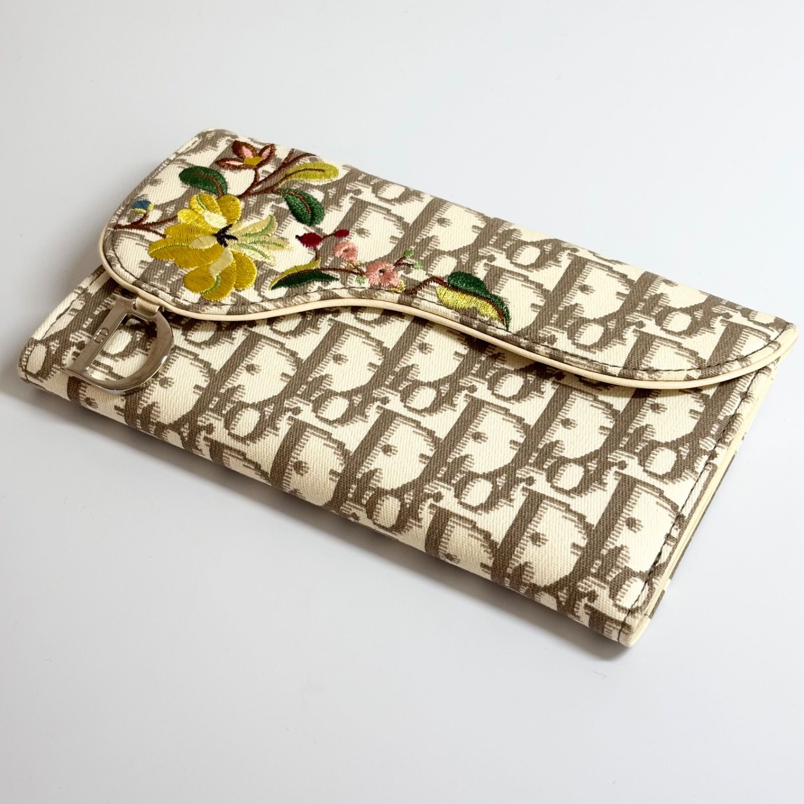 美品 DIOR ディオール サドル トロッター柄 花刺繍 二つ折り 長