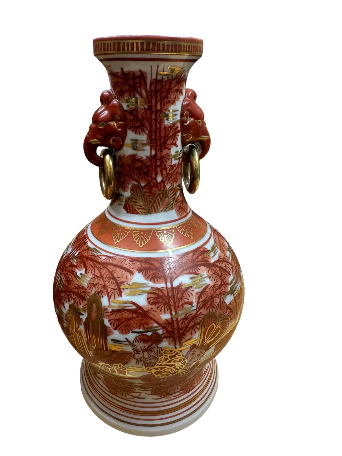 花入 湖東 焼 象遊環双耳 金彩色絵人物 赤絵 細密手描 花瓶 金襴手 箱