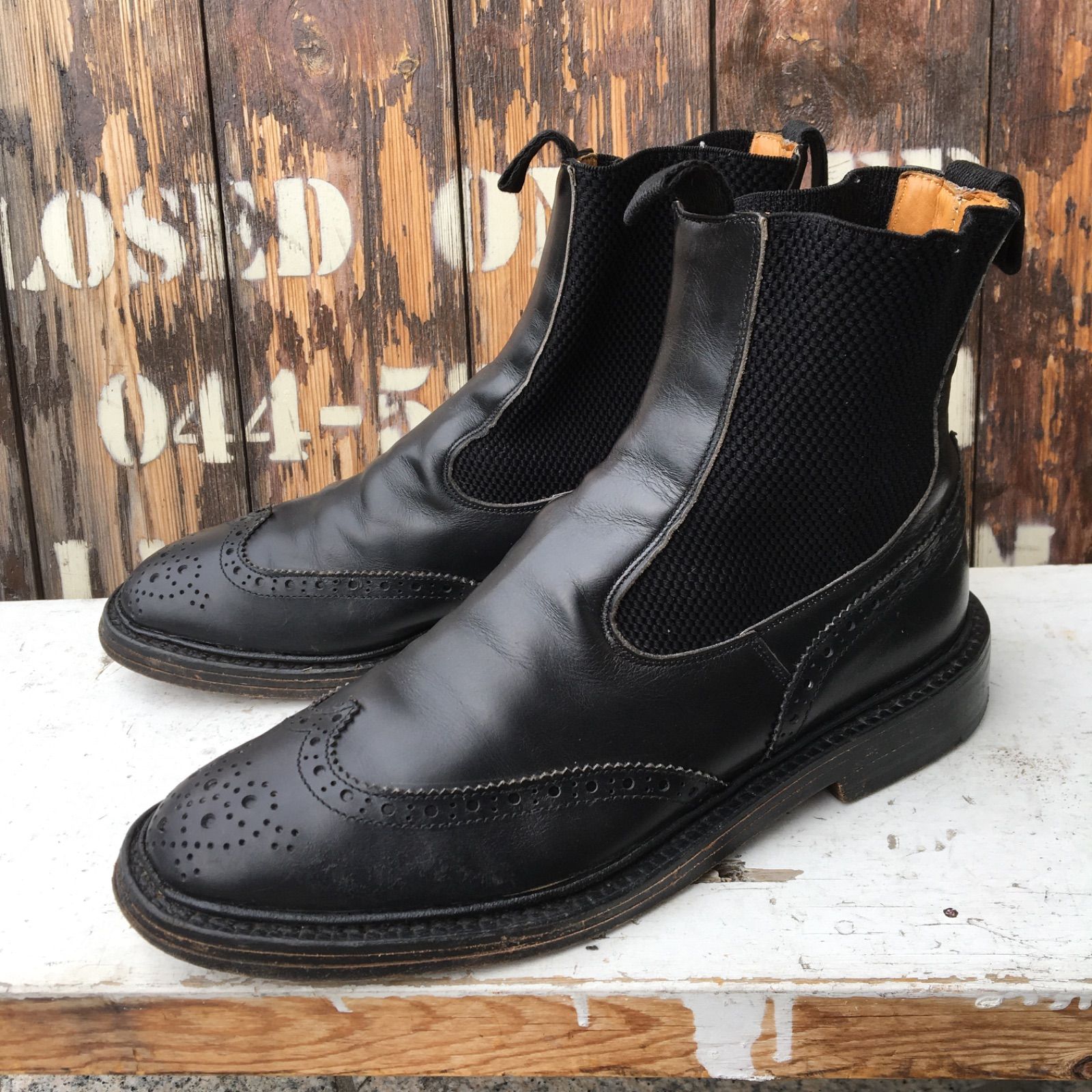 90s England製 Tricker’s Henry M6026 トリッカーズ ヘンリー ウィングチップ サイドゴアブーツ チェルシーブーツ  レザー 黒 ブラック UK-8 1/2 (27㎝)