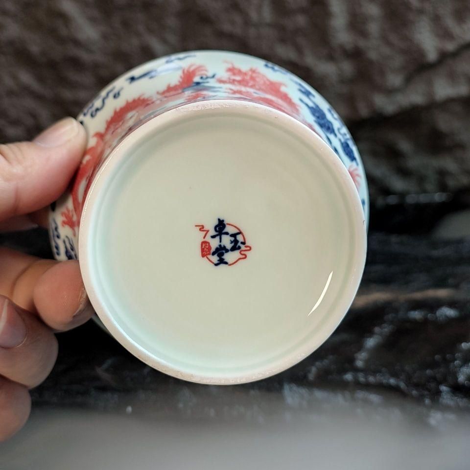 青花釉里紅祥龍三才蓋碗 中国茶器 景徳? 蓋付き茶器 飲茶食器