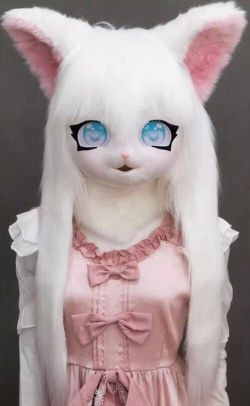 着ぐるみヘッド 猫 白 口開け 全頭ヘッド ケモノ マスク ファー
