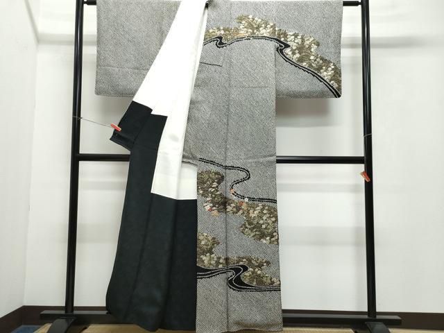 平和屋着物○訪問着 総絞り 駒刺繍 道長草花文 黒地 金銀彩 正絹 逸品