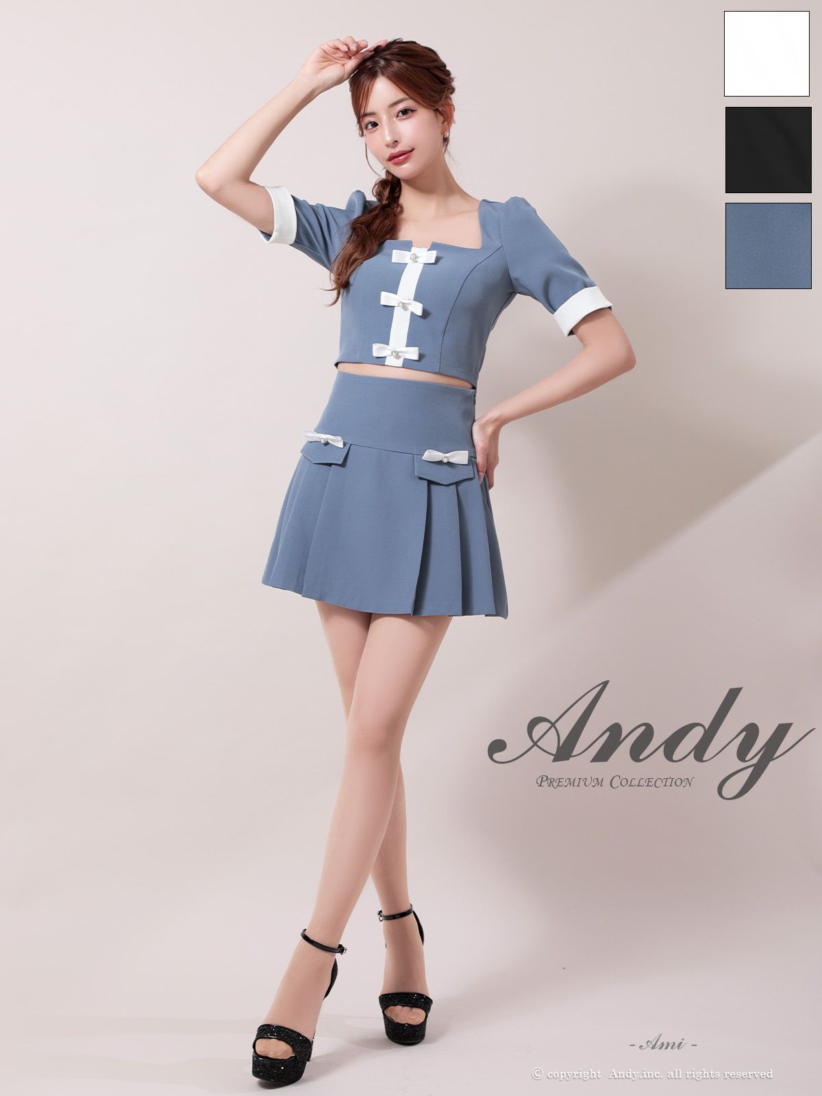 ブルーグレー OF05 OK2980-W-2509 ANDY アンディ バイ リボン スクエアネック ハーフスリーブ 袖あり プリーツ フ セットアップ ミニドレス キャバドレス