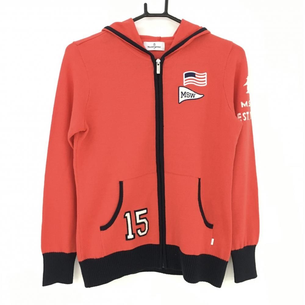 SALE20％OFF【美品】マンシングウェア ニットパーカー レッド×ネイビー フラッグ ウール混 ブルゾン レディース M ゴルフウェア Munsingwear