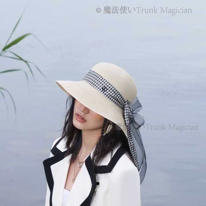麦わら帽子 千鳥格子 リボン サンシェード ハット 日よけ CCVZ1026P379