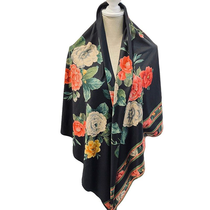 レオナール LEONARD FASHION 大判ストール 花柄 タッセル ウールx