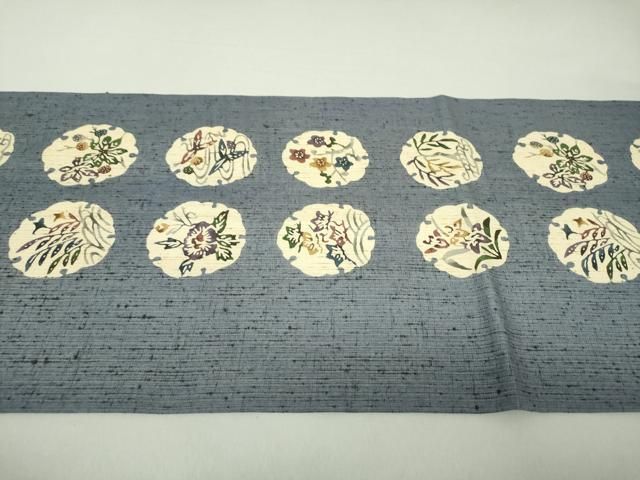 平和屋着物●九寸開き名古屋帯　ぜんまい紬　型染　雪輪花文　正絹　逸品　DAAQ3016ps 平和屋着物○九寸開き名古屋帯 ぜんまい紬 型染 雪輪花文