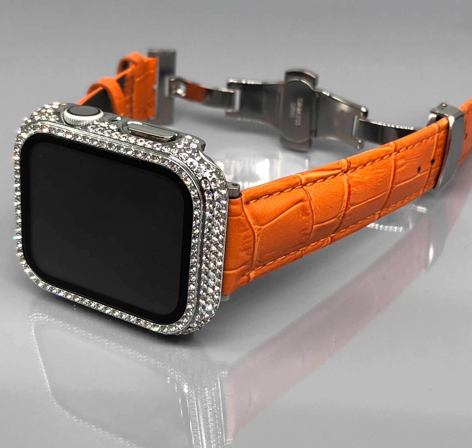 GimelZayinセット Pc オレンジ シルバー アップルウォッチバンド 高級レザー 本革ベルト Apple Watch クロコダイル キラキラ  カバー ケース se メンズ レディース 40mm 41mm 44mm 45mm 41％割引
