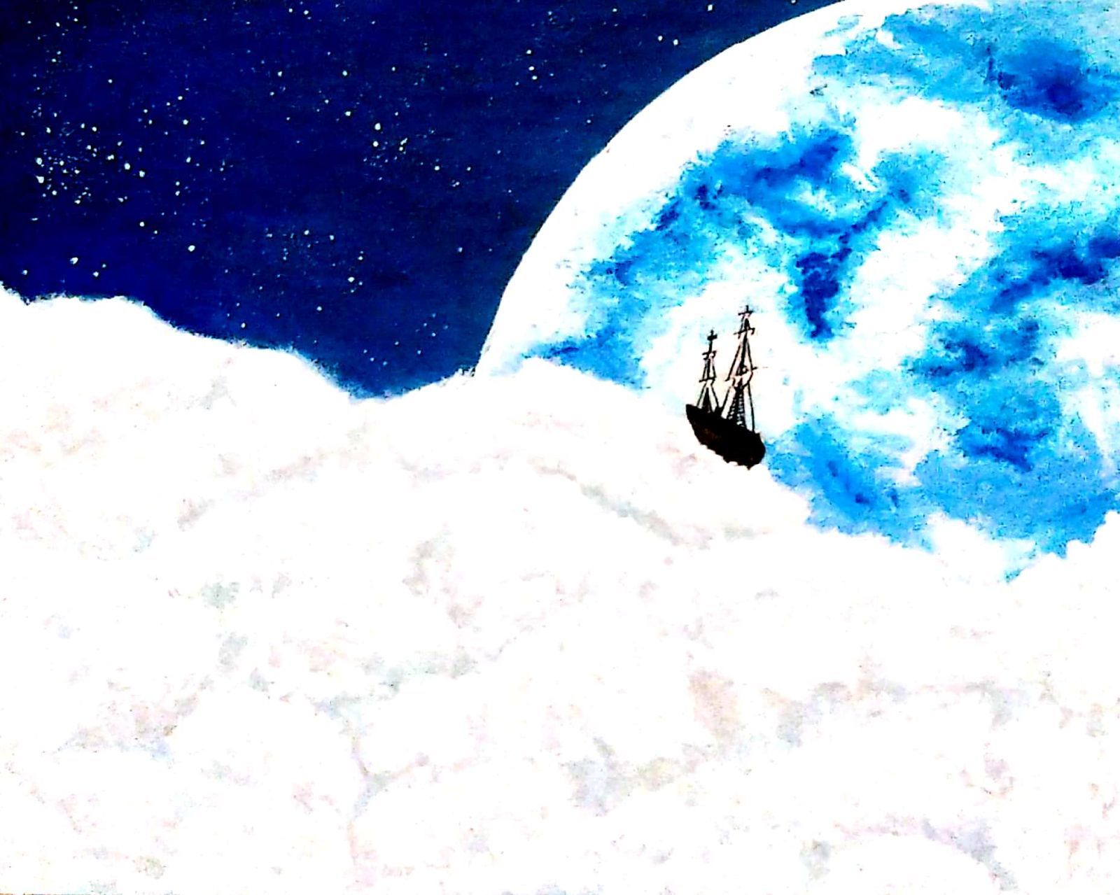 yushionmanma 三日月の海 アクリル画 F0サイズ 青い月と雲海に航海】アクリル画 3号 22.3×27×0.2 cm 空想画 青