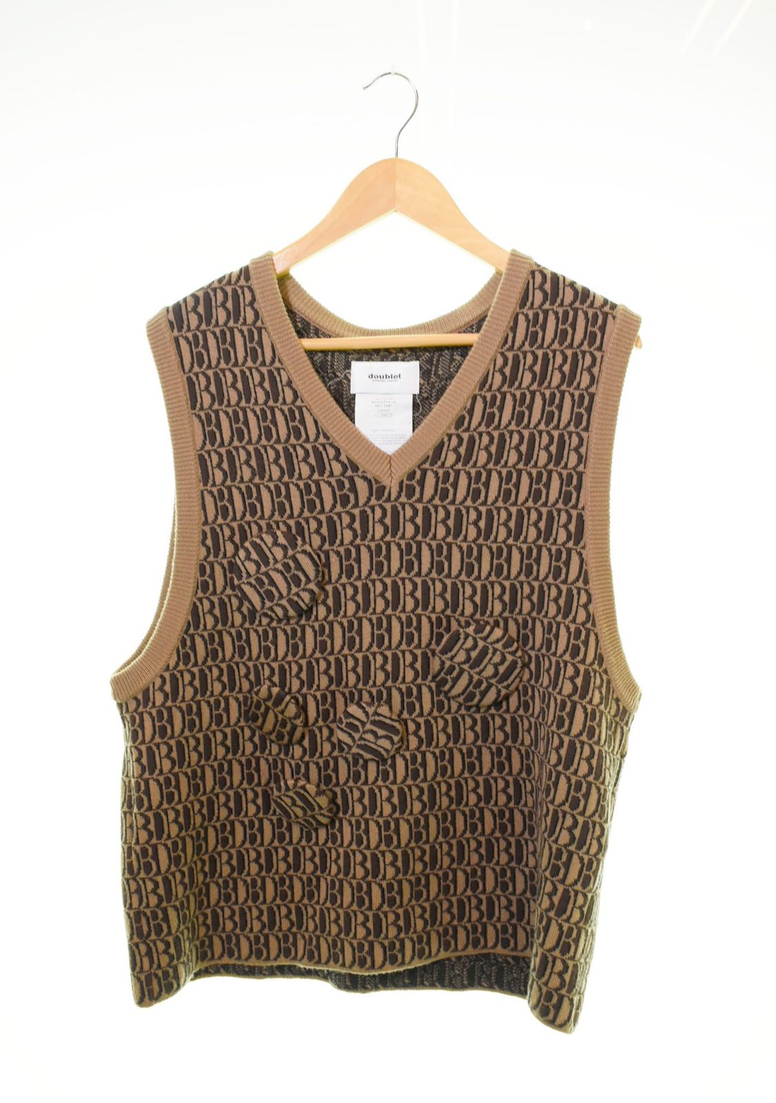 ダブレット  doublet MONOGRAM JQ KNIT VEST ウール ベスト 茶 ベスト 総柄 ブラウン Lサイズ 103MT-619