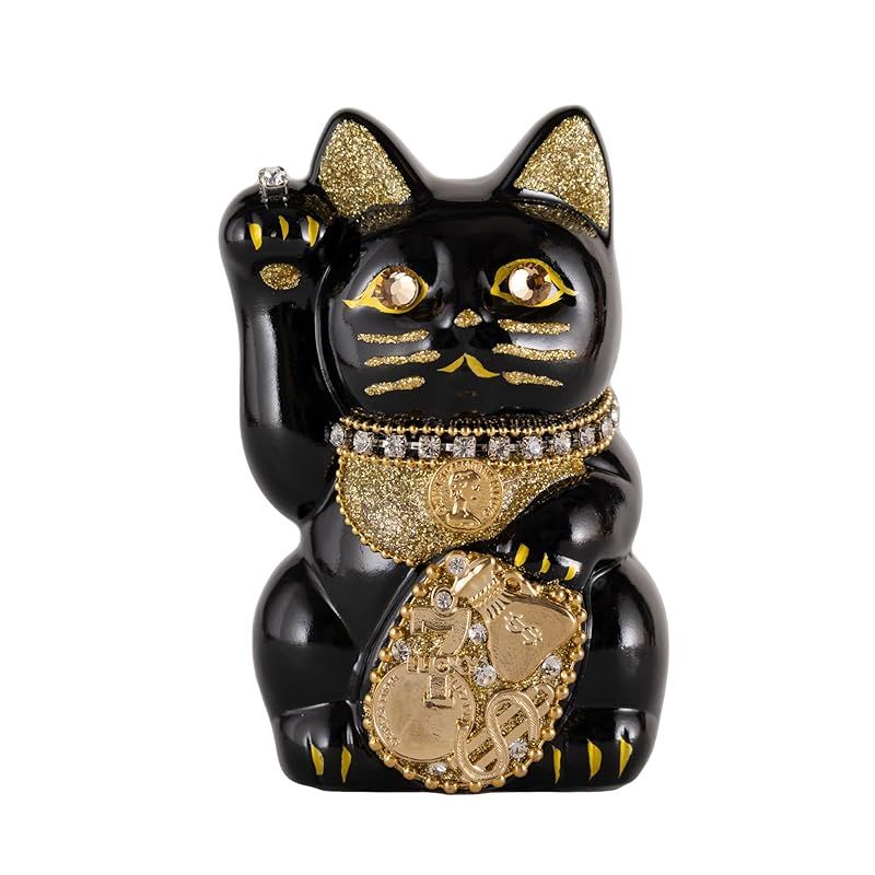 ご縁猫 ミリオネアキャット S-SIZE 黒 Black 右手あげ|陶器＿lucky cat 招き猫 まねき猫 縁起 風水 置物 賽銭箱 ml_S黒