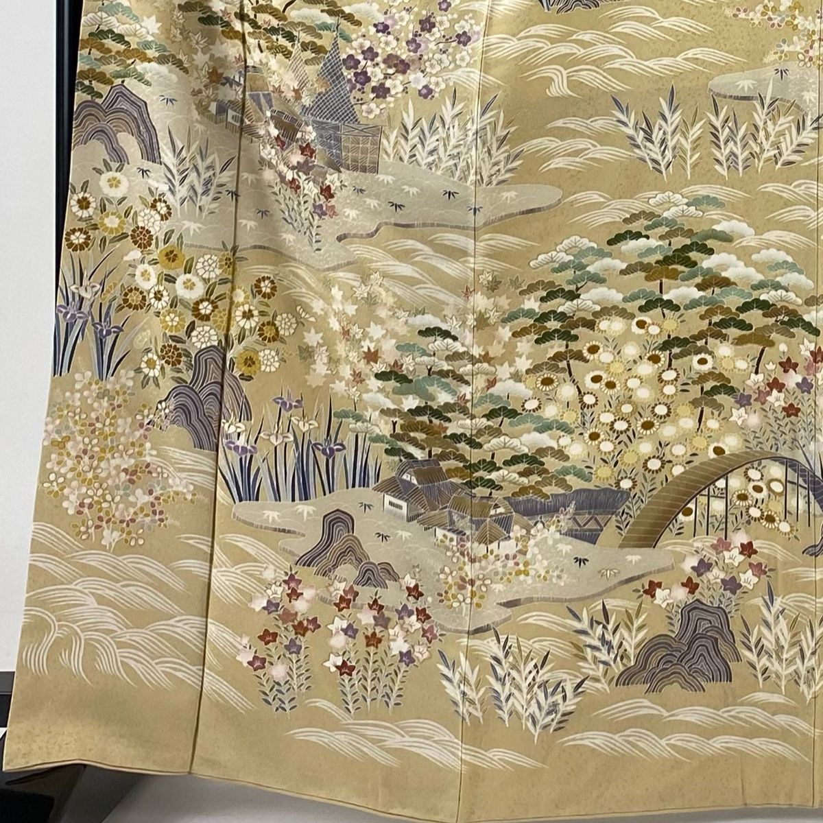 訪問着 身丈166cm 裄丈67.5cm L 袷 家屋 松竹梅 金糸 金彩 ベージュ 正絹