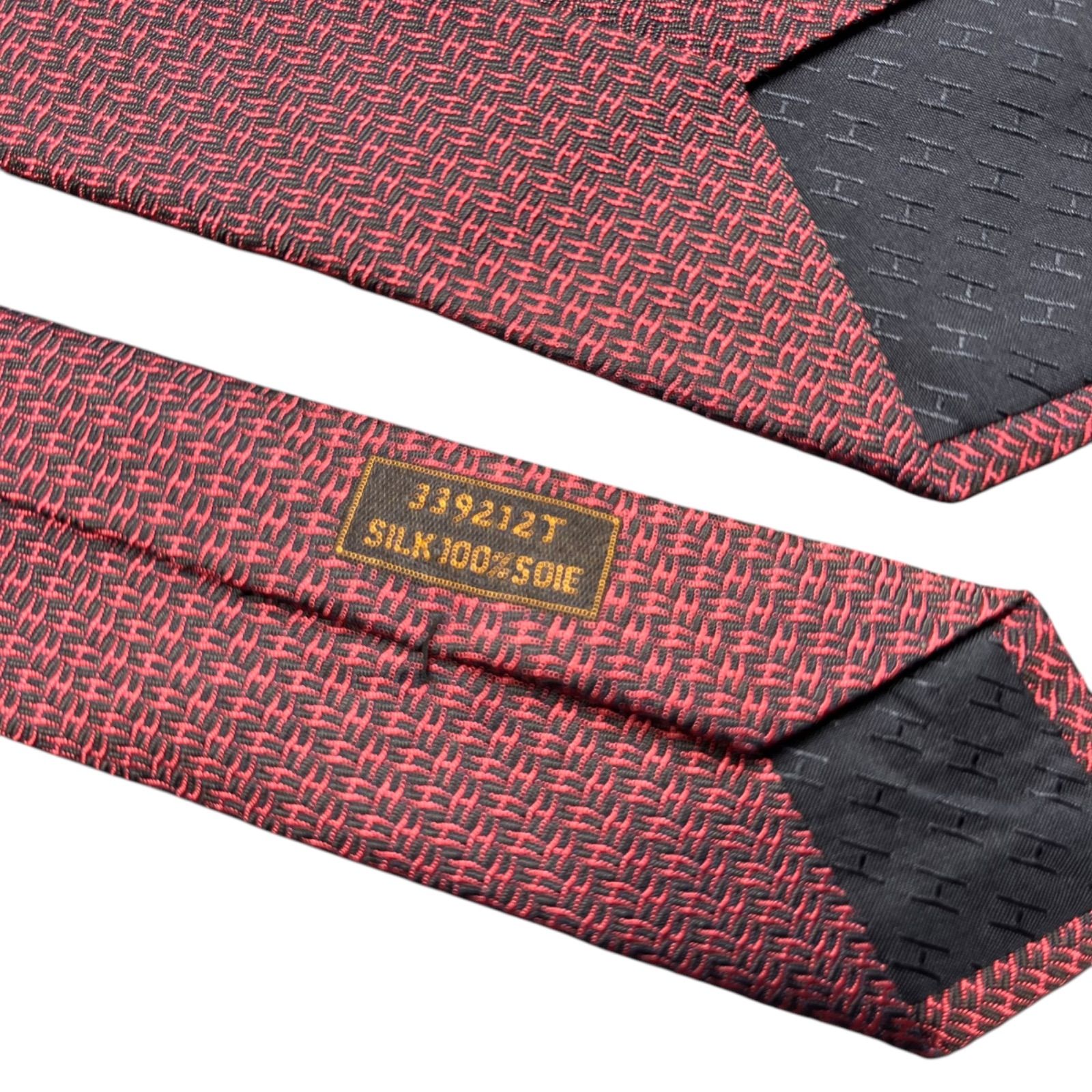 美品 エルメス HERMES H柄 シルク ネクタイ レッド×濃紺 メンズ