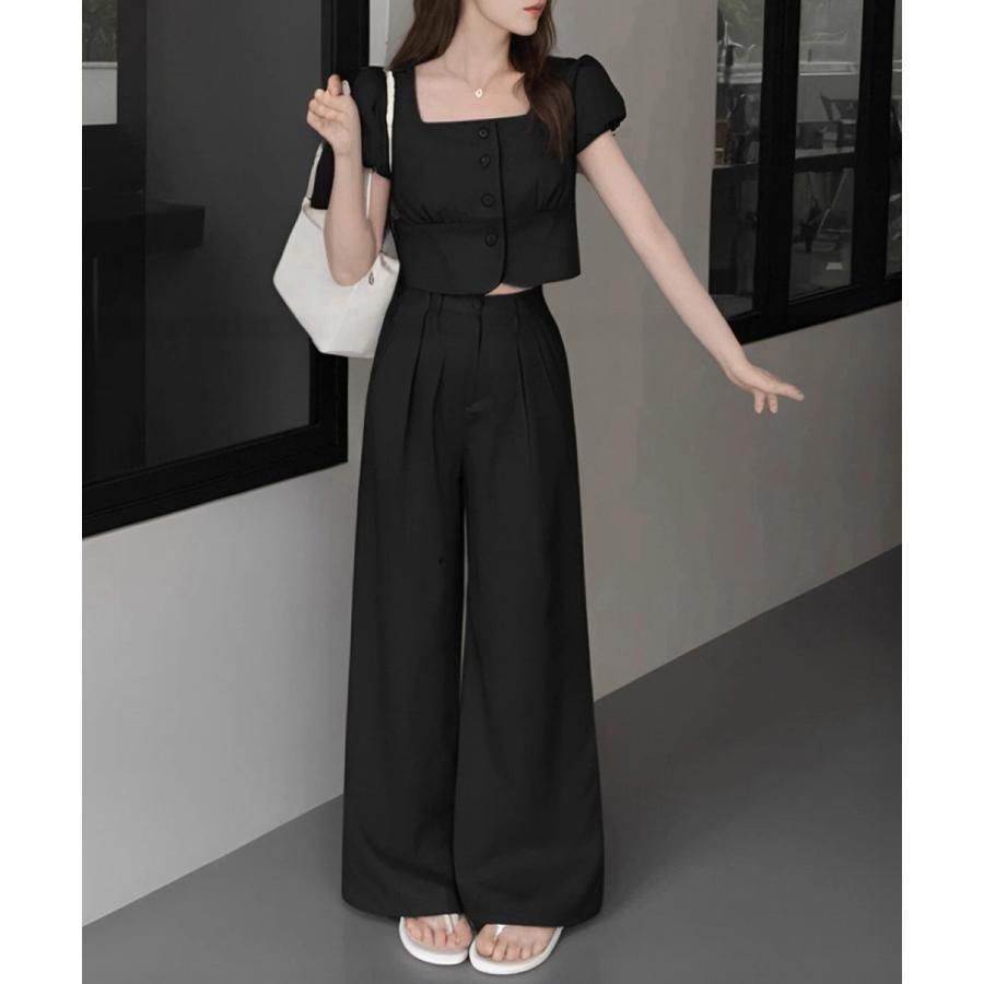 セットアップ春夏半袖トップスワイドパンツ