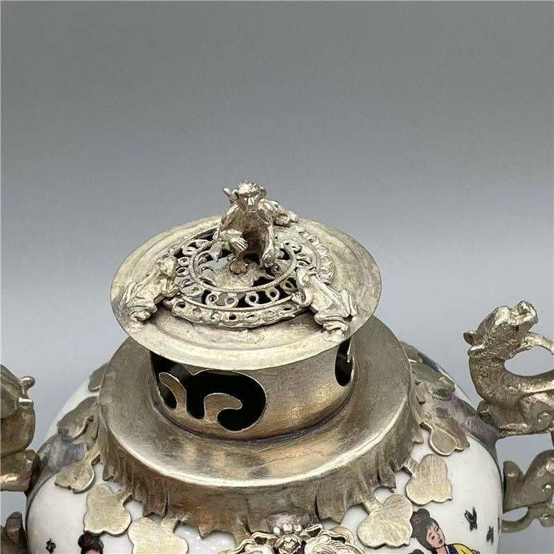 新品・未使用】旧家収蔵 中国古玩 銀白銅包瓷 香炉 粉彩 人物圖