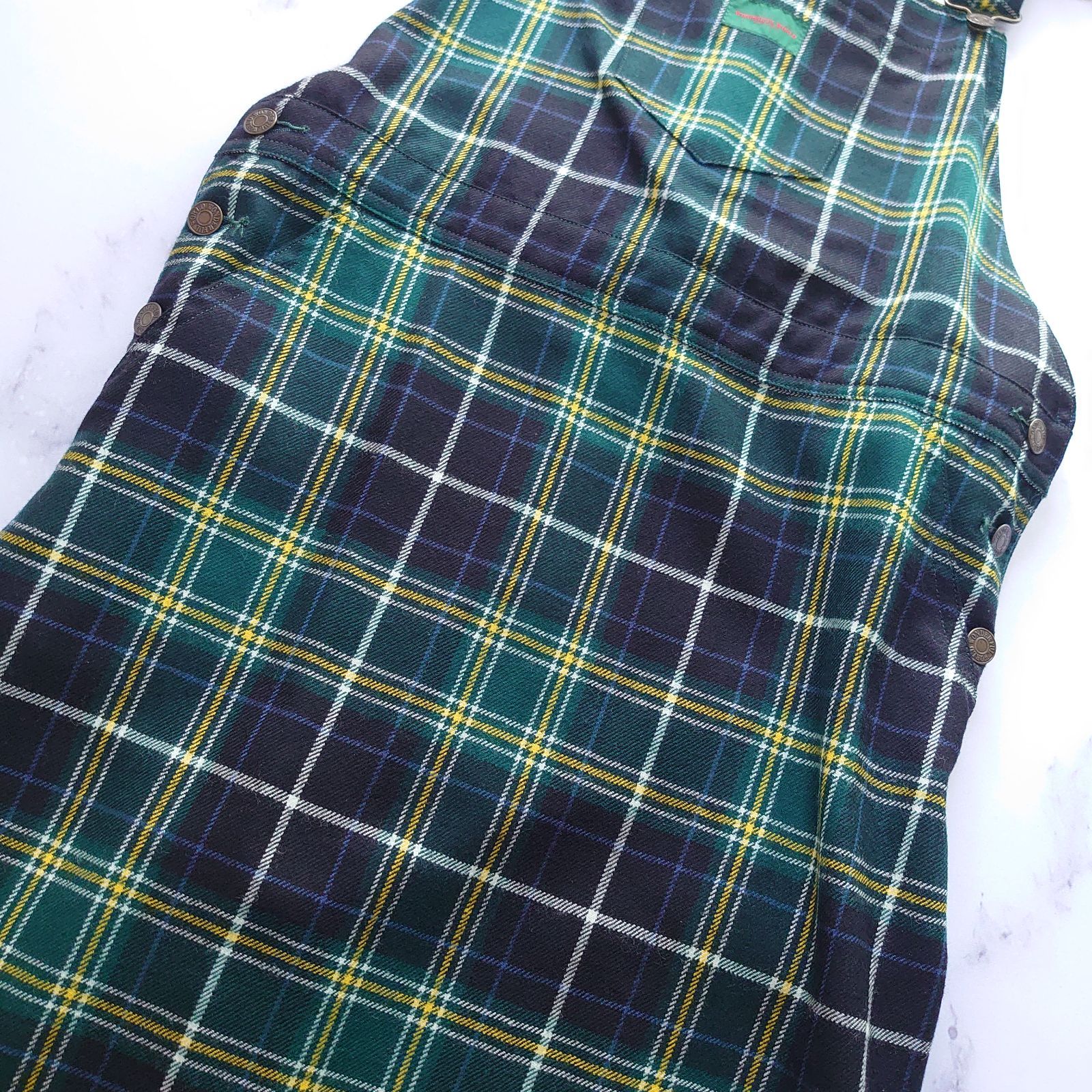 ワンダフルワールド ロゴ ジャンパースカート チェック ワンピース 緑