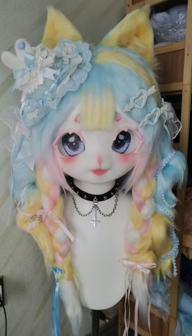 着ぐるみヘッド kigurumi NO.172 猫 水色 黄色 ファースーツ 全頭ヘッド ケモノ マスク ぬいぐるみ コスプレ コスチューム 一点物