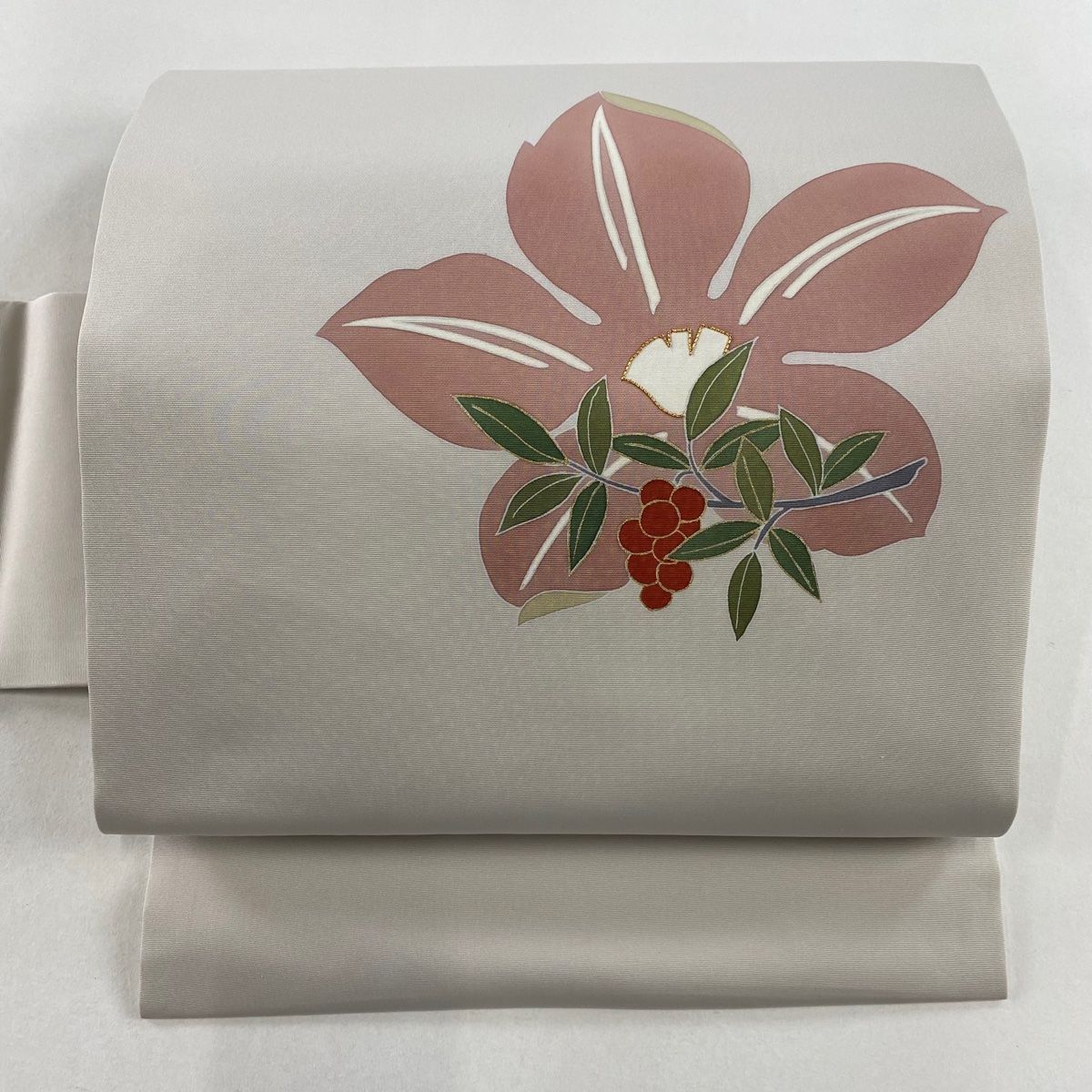 名古屋帯 秀品 花 葉と実 金糸 金彩 灰白 正絹