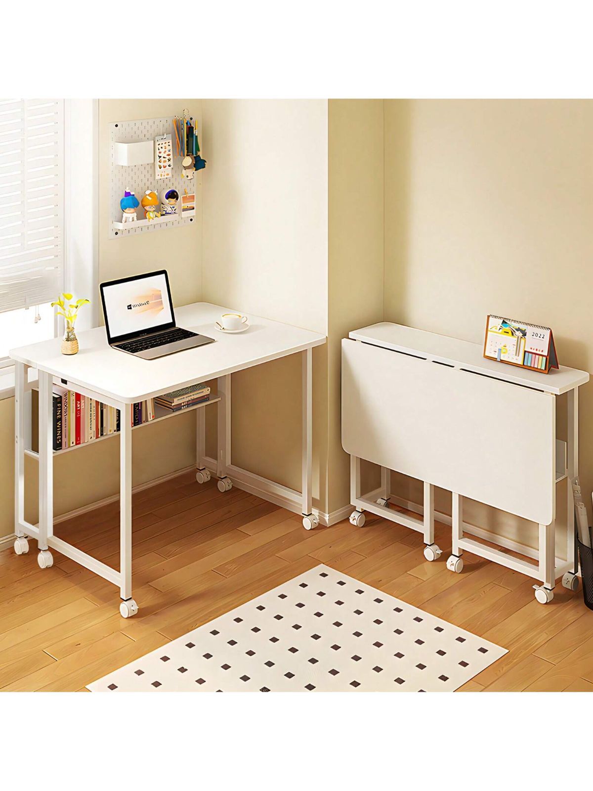 折りたたみデスク、テレワークデスク、本棚付き 幅80 奥行58 高さ75cm