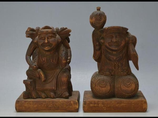 蔵C0984 時代物 木彫り 恵比寿 大黒 縁起物 置物