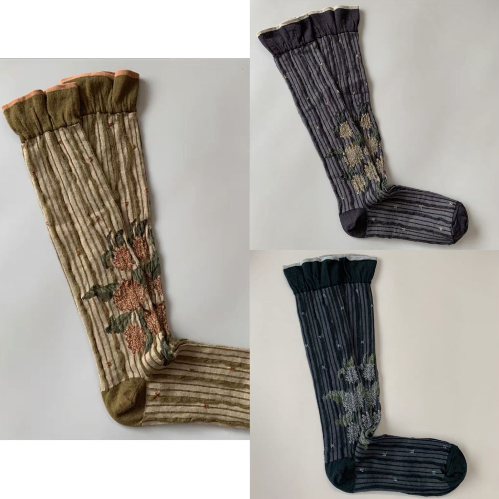 【全種類】2024年AW ソックス 靴下 スリークォーターソックス【chrysanthemum｜菊の花】30～36cm yellow+grey+black 3点セット