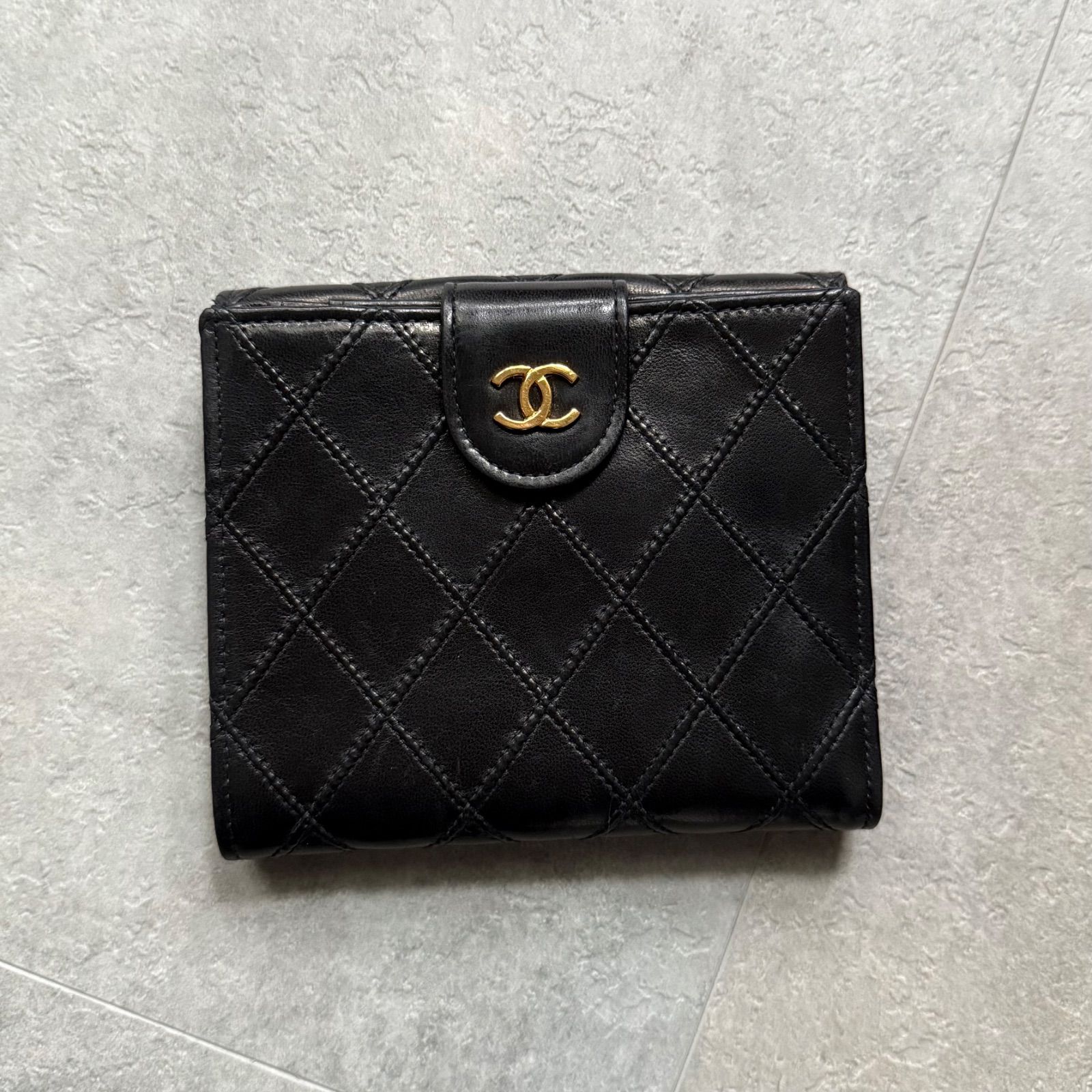 CHANEL シャネル ビコローレ Wホック ココマーク 二つ折り財布 レザー ブラック ゴールド金具 2つ折り財布 キルティング コンパクトウォレット