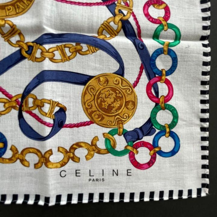 CELINE セリーヌ スカーフ ポケットチーフ チェーン 白 ゴールド 美品 