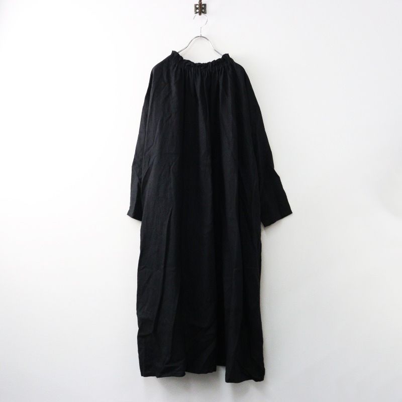 2025SS ネストローブ nest Robe リネンフリル ワンピース F|ブラック ドレス ロング ワイド 前開き 長袖 ゆったり 2400014424157