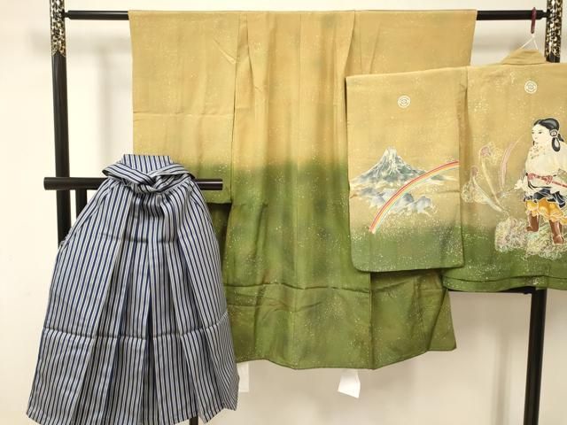 平和屋着物○男性 色紋付・羽織・行灯袴セット 鱗文様 銀通し地