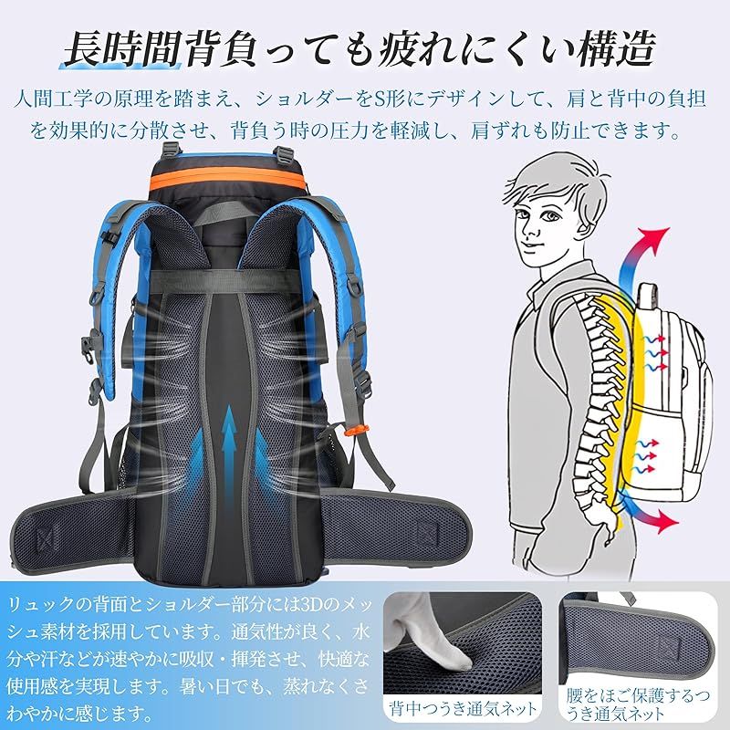 Ｋａｙｉｙａｓｕ 65L バックパック 大容量 登山リュック アウトドアバッグ ハイキング 旅行 防災 登山用リュックサック 軽量 避難バッグ ネイビー 1 NEXPOTALLINN_EU