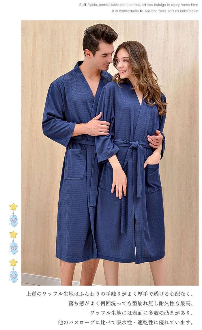 ガウン春と秋の服女性ナイトガウン綿タオル素材バスローブ,青,XL Amazon